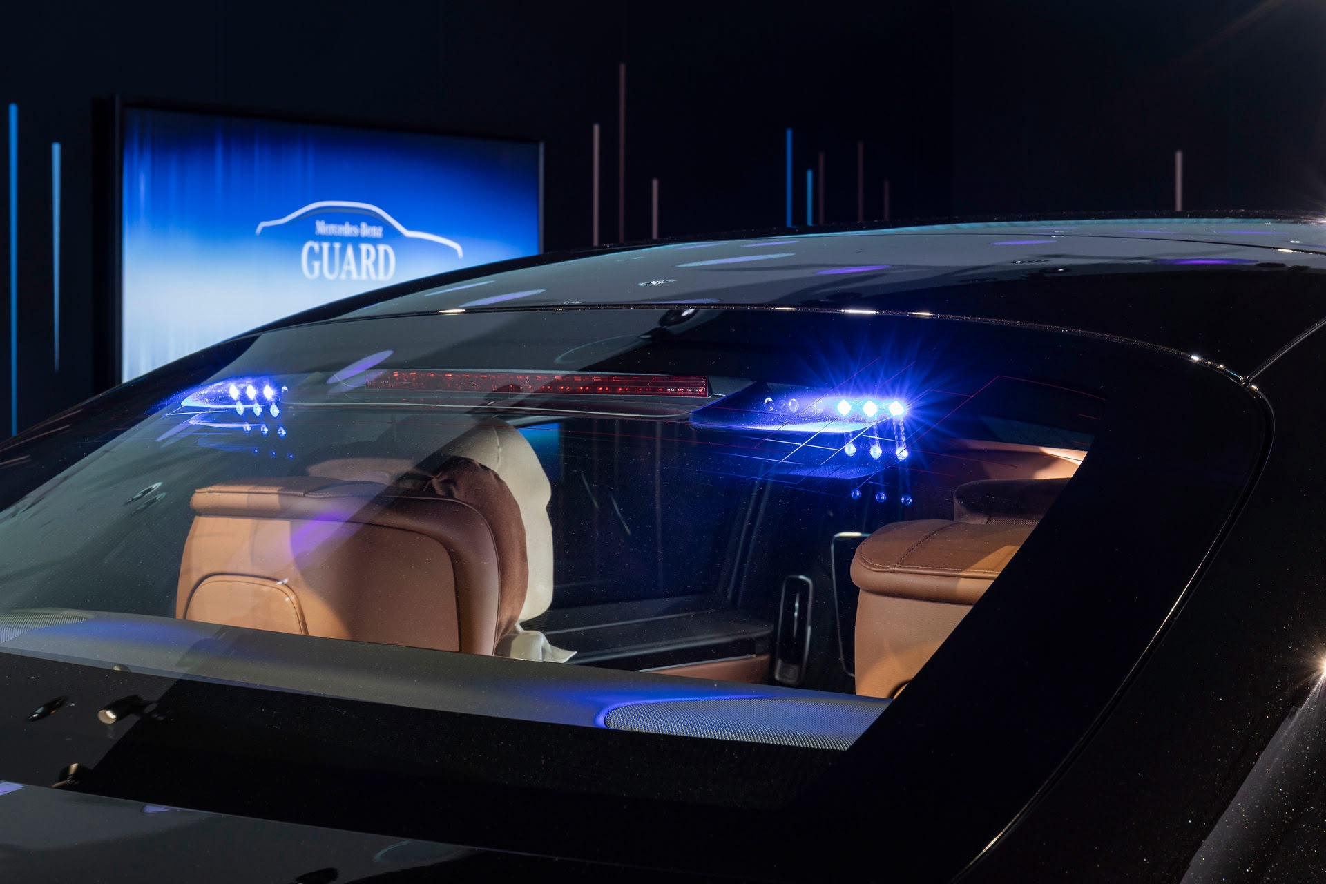 Protected Maybach interior illuminated in a private showroom